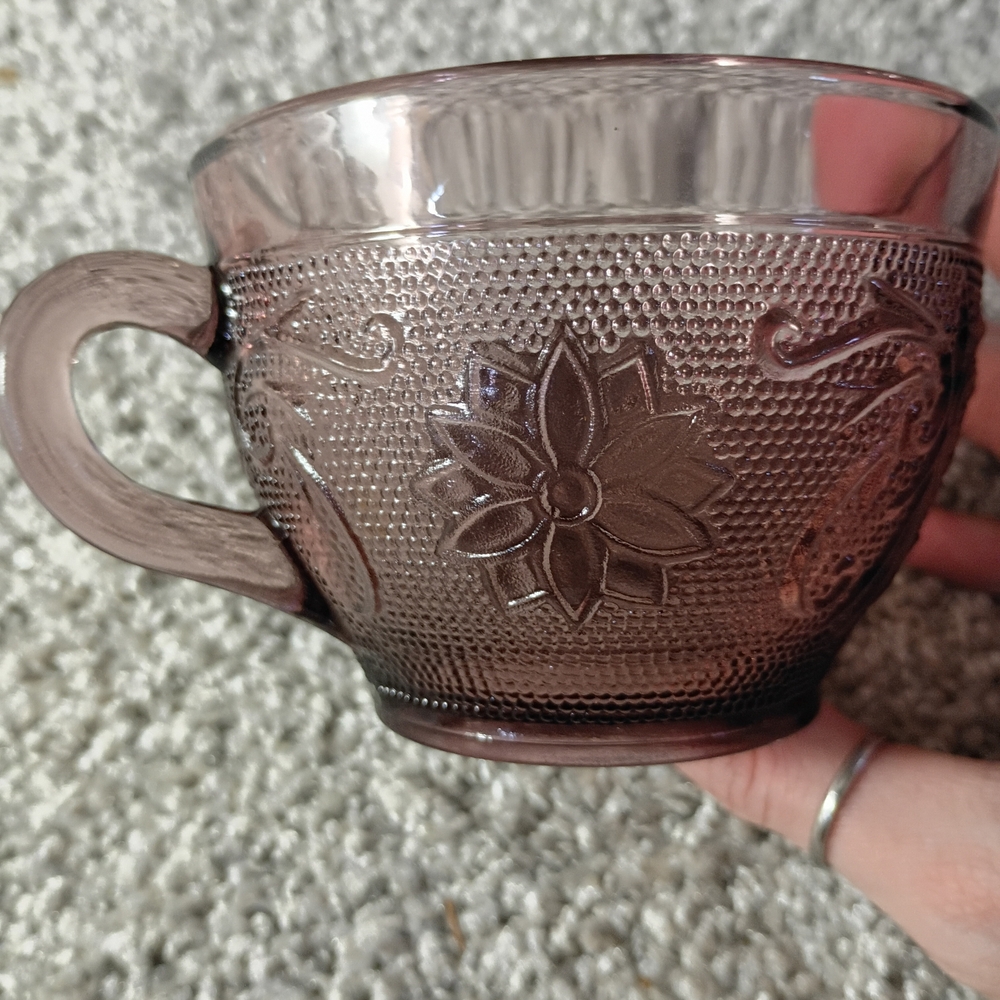Set Of 4 Amethyst Color Etched Glass Teacups with Floral Design